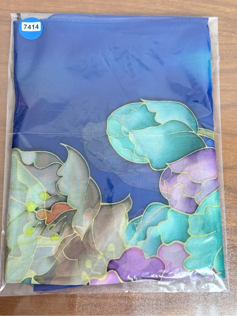 Hand-Painted Blue Floral Silk Scarf 20x63”